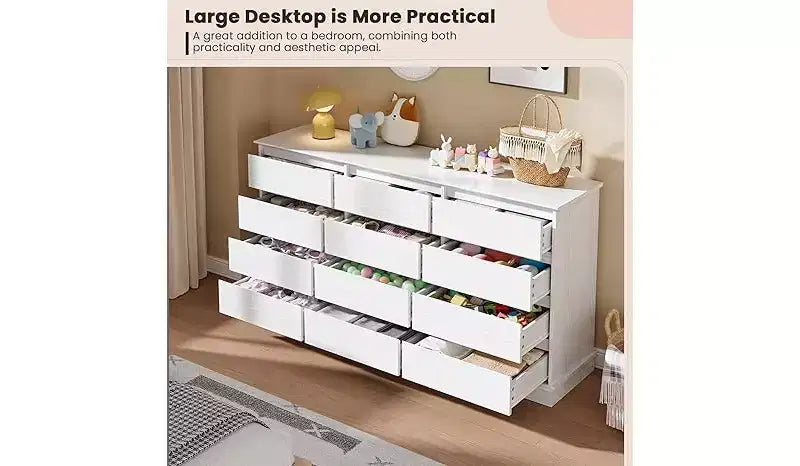 Cómoda doble de 12 cajones con encimera ancha, MDF, 63" ancho x 32.7" alto, dormitorio o sala de estar