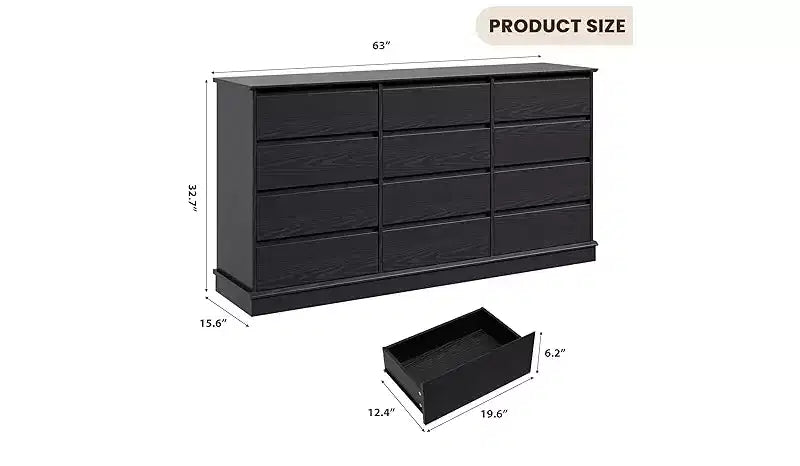 Cómoda doble de 12 cajones con encimera ancha, MDF, 63" ancho x 32.7" alto, dormitorio o sala de estar