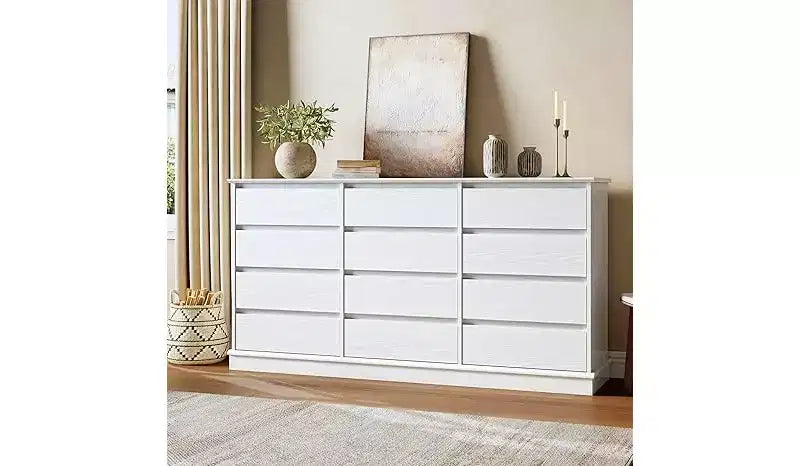 Cómoda doble de 12 cajones con encimera ancha, MDF, 63" ancho x 32.7" alto, dormitorio o sala de estar