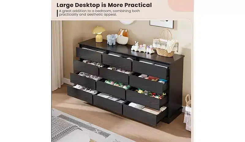 Cómoda doble de 12 cajones con encimera ancha, MDF, 63" ancho x 32.7" alto, dormitorio o sala de estar