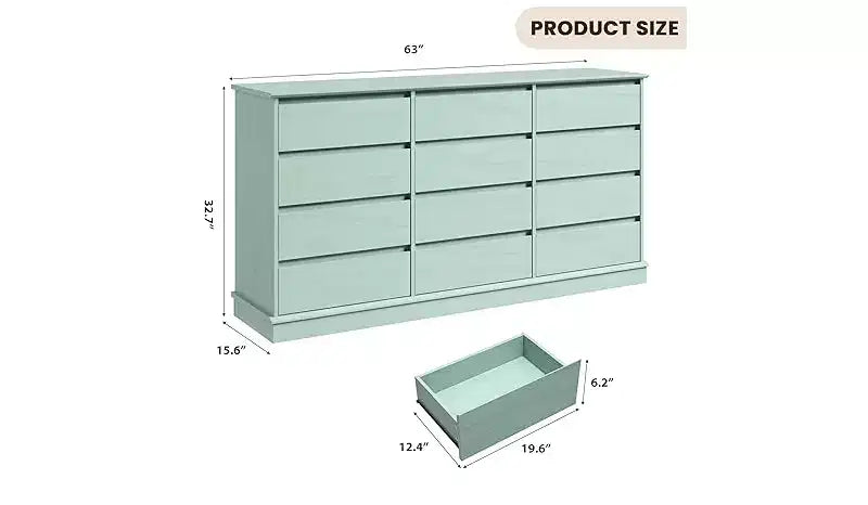 Cómoda doble de 12 cajones con encimera ancha, MDF, 63" ancho x 32.7" alto, dormitorio o sala de estar