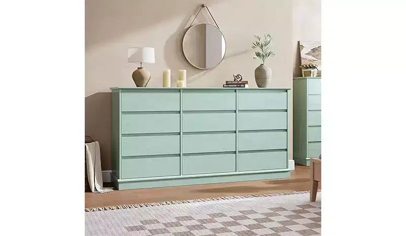 Cómoda doble de 12 cajones con encimera ancha, MDF, 63" ancho x 32.7" alto, dormitorio o sala de estar