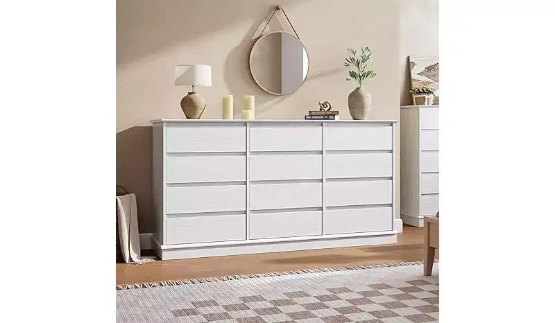 Cómoda doble de 12 cajones con encimera ancha, MDF, 63" ancho x 32.7" alto, dormitorio o sala de estar