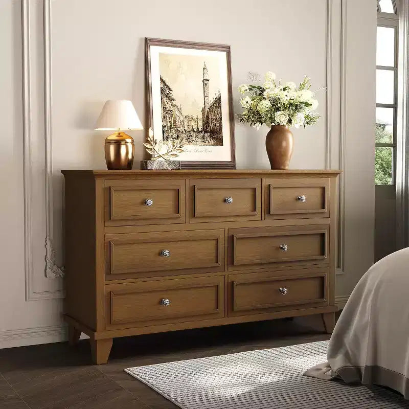 Cómoda de 7 cajones, Cajonera de madera moderna, Organizador de almacenamiento profundo con tiradores vintage, Mueble de TV para dormitorio y sala de estar