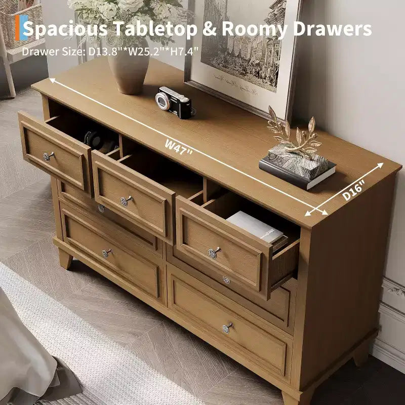 Cómoda de 7 cajones, Cajonera de madera moderna, Organizador de almacenamiento profundo con tiradores vintage, Mueble de TV para dormitorio y sala de estar