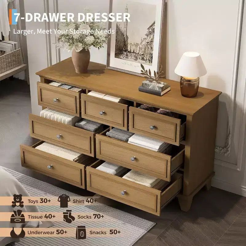 Cómoda de 7 cajones, Cajonera de madera moderna, Organizador de almacenamiento profundo con tiradores vintage, Mueble de TV para dormitorio y sala de estar
