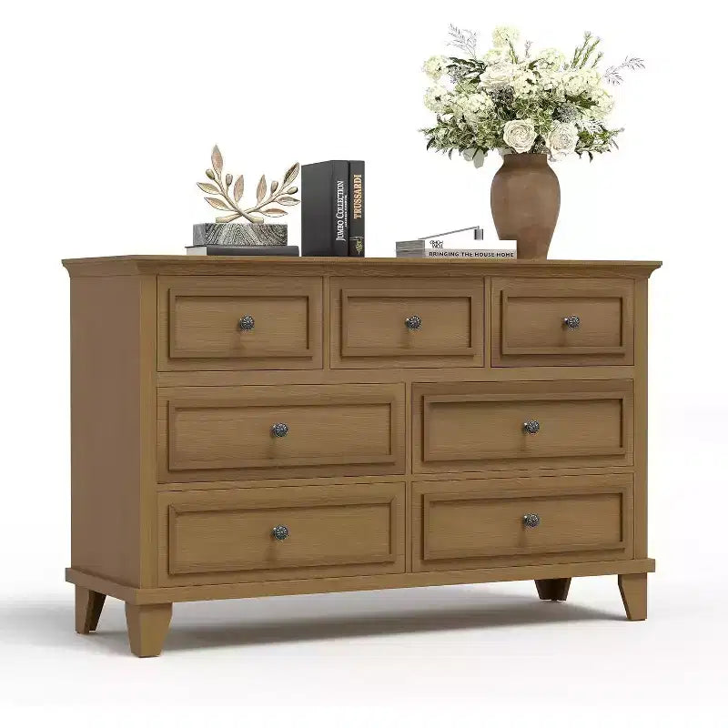 Cómoda de 7 cajones, Cajonera de madera moderna, Organizador de almacenamiento profundo con tiradores vintage, Mueble de TV para dormitorio y sala de estar
