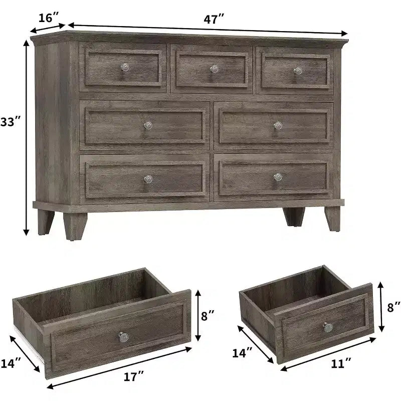 Cómoda de 7 cajones, Cajonera de madera moderna, Organizador de almacenamiento profundo con tiradores vintage, Mueble de TV para dormitorio y sala de estar