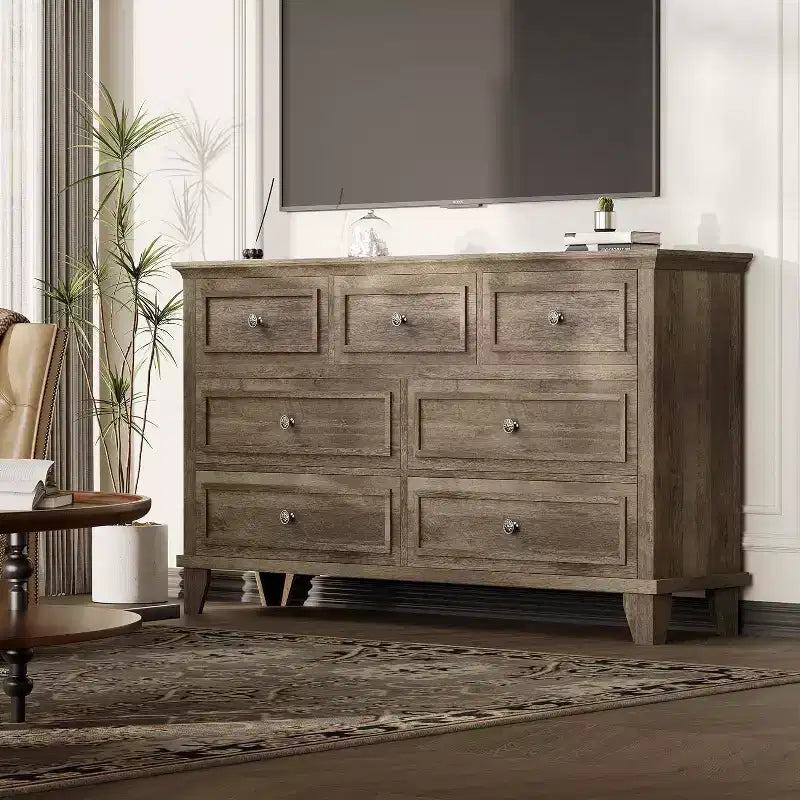 Cómoda de 7 cajones, Cajonera de madera moderna, Organizador de almacenamiento profundo con tiradores vintage, Mueble de TV para dormitorio y sala de estar