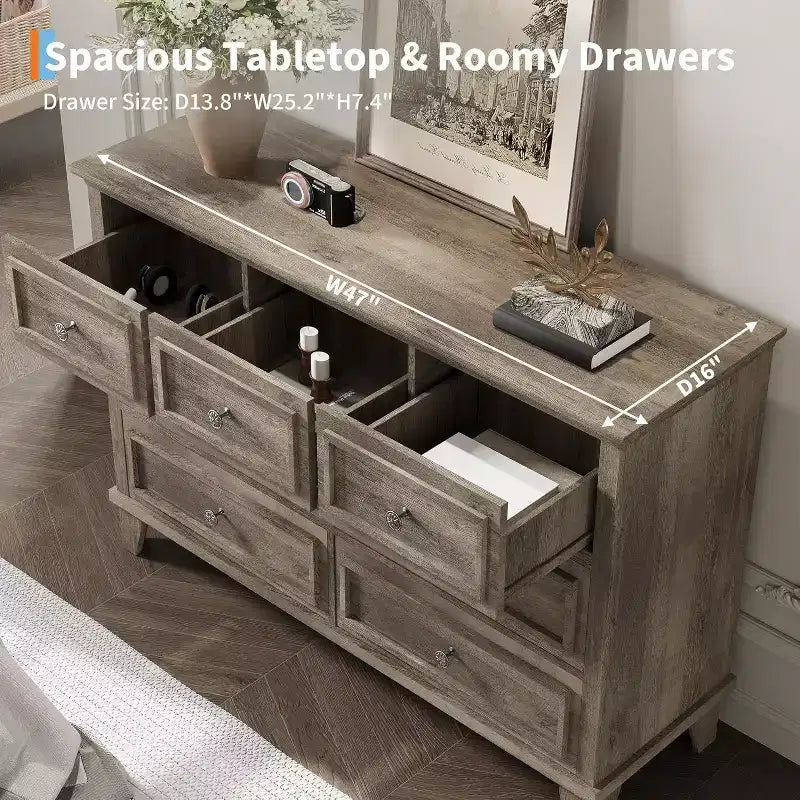 Cómoda de 7 cajones, Cajonera de madera moderna, Organizador de almacenamiento profundo con tiradores vintage, Mueble de TV para dormitorio y sala de estar
