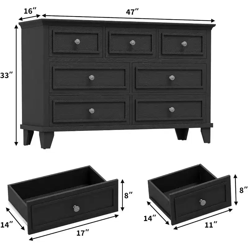 Cómoda de 7 cajones, Cajonera de madera moderna, Organizador de almacenamiento profundo con tiradores vintage, Mueble de TV para dormitorio y sala de estar