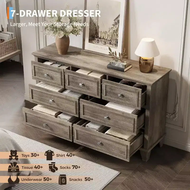 Cómoda de 7 cajones, Cajonera de madera moderna, Organizador de almacenamiento profundo con tiradores vintage, Mueble de TV para dormitorio y sala de estar