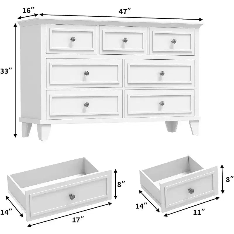 Cómoda de 7 cajones, Cajonera de madera moderna, Organizador de almacenamiento profundo con tiradores vintage, Mueble de TV para dormitorio y sala de estar