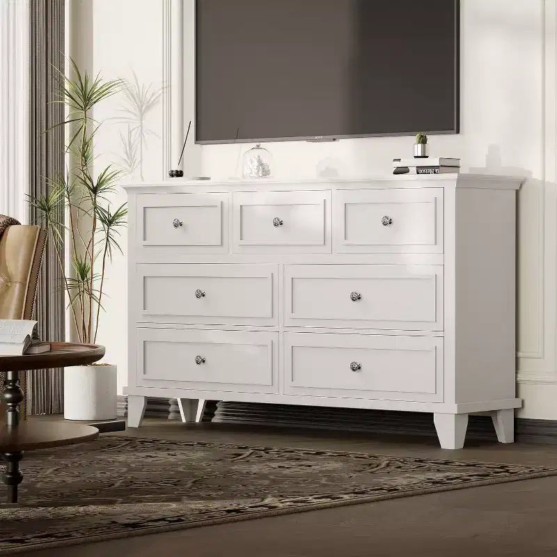 Cómoda de 7 cajones, Cajonera de madera moderna, Organizador de almacenamiento profundo con tiradores vintage, Mueble de TV para dormitorio y sala de estar