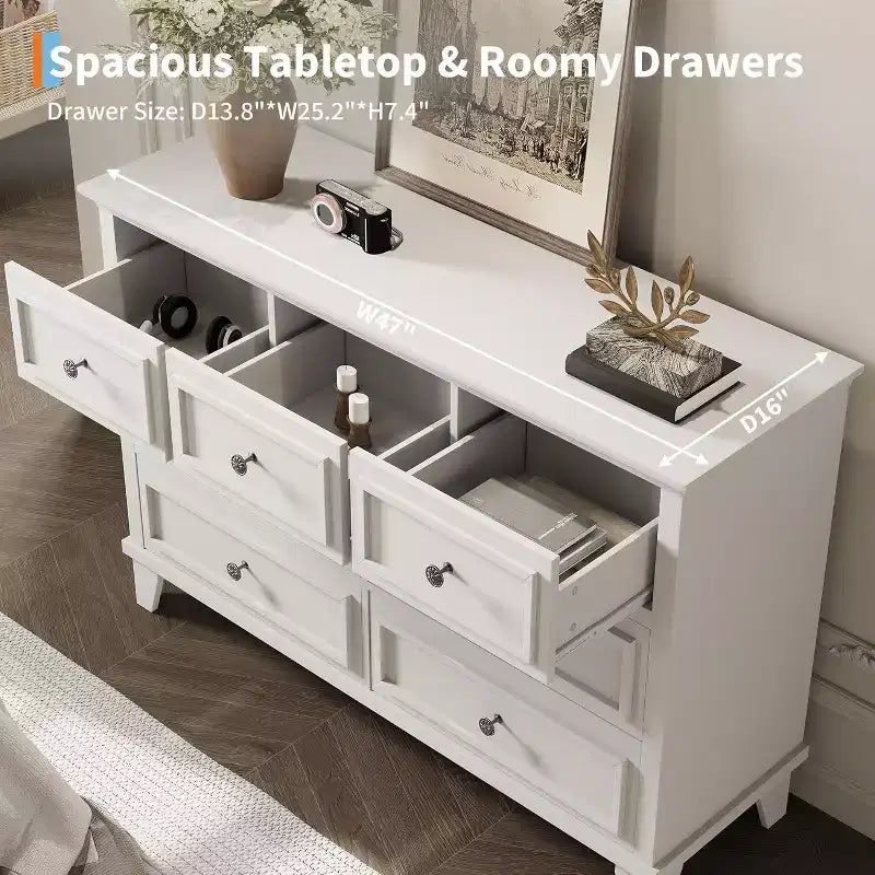 Cómoda de 7 cajones, Cajonera de madera moderna, Organizador de almacenamiento profundo con tiradores vintage, Mueble de TV para dormitorio y sala de estar