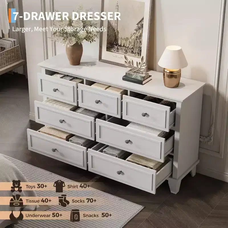 Cómoda de 7 cajones, Cajonera de madera moderna, Organizador de almacenamiento profundo con tiradores vintage, Mueble de TV para dormitorio y sala de estar
