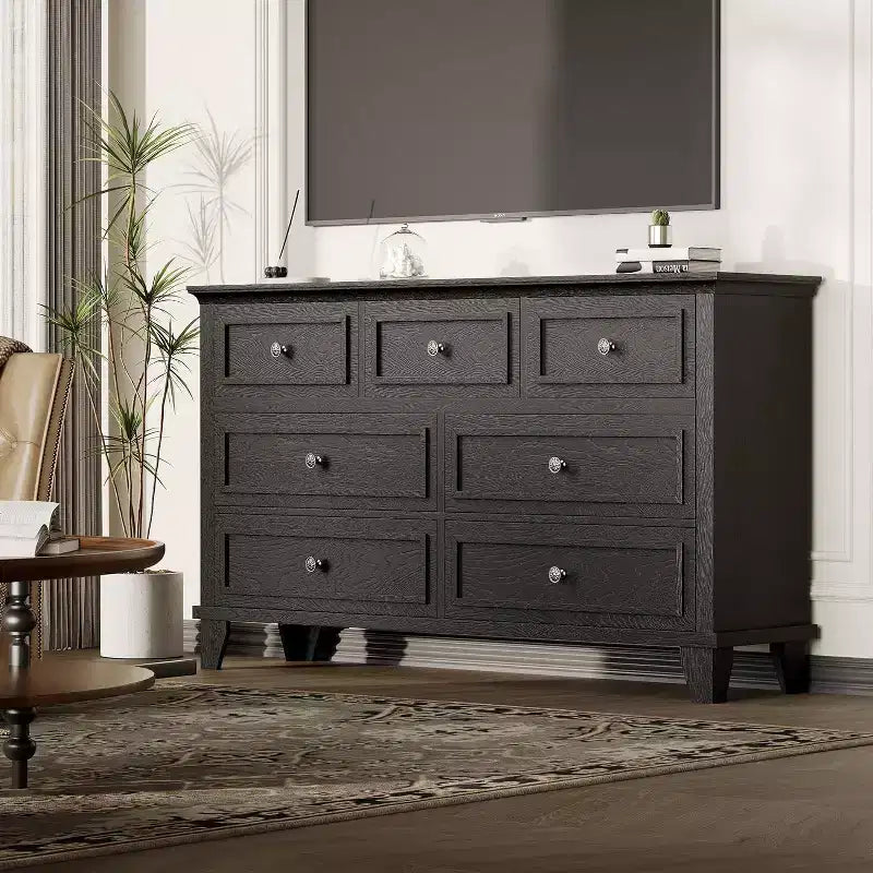 Cómoda de 7 cajones, Cajonera de madera moderna, Organizador de almacenamiento profundo con tiradores vintage, Mueble de TV para dormitorio y sala de estar