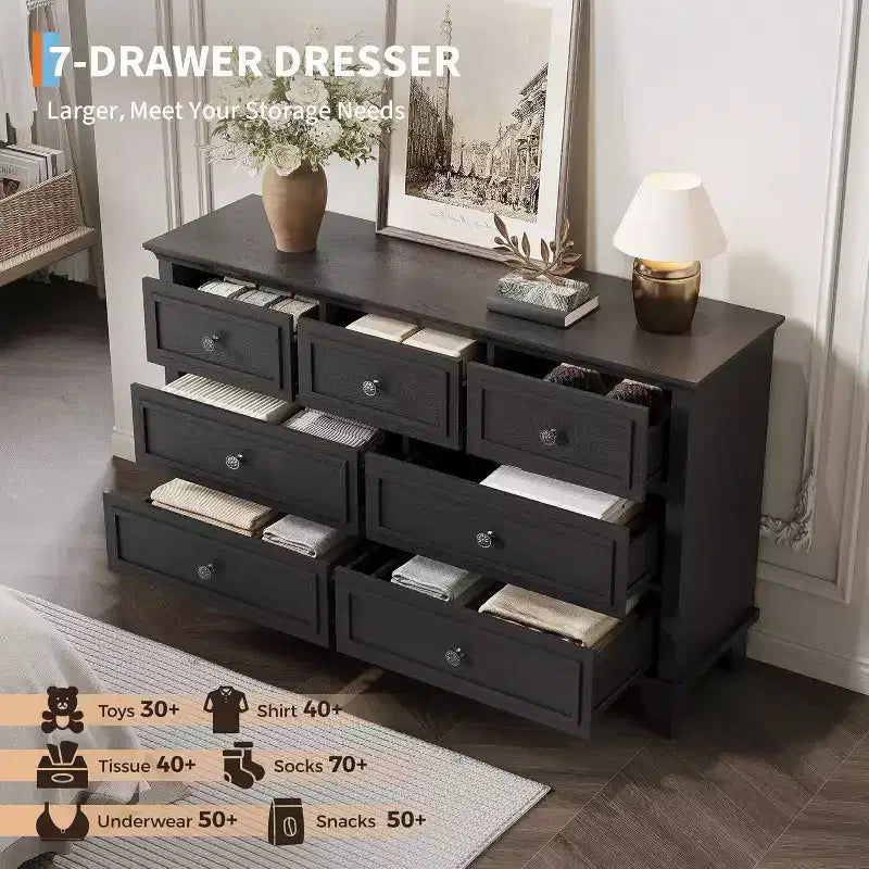 Cómoda de 7 cajones, Cajonera de madera moderna, Organizador de almacenamiento profundo con tiradores vintage, Mueble de TV para dormitorio y sala de estar