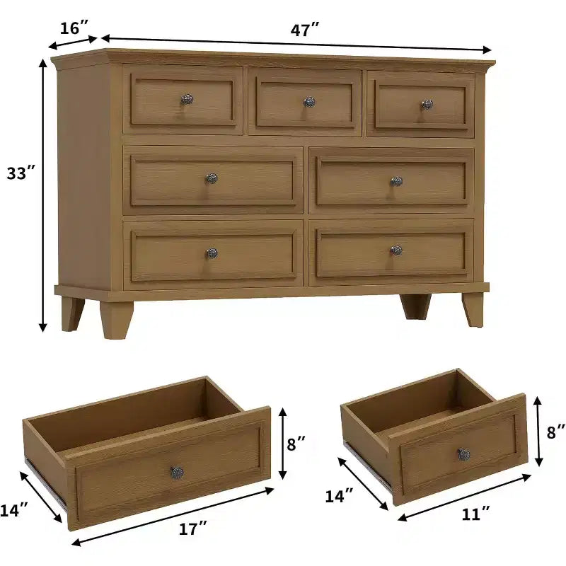 Cómoda de 7 cajones, Cajonera de madera moderna, Organizador de almacenamiento profundo con tiradores vintage, Mueble de TV para dormitorio y sala de estar