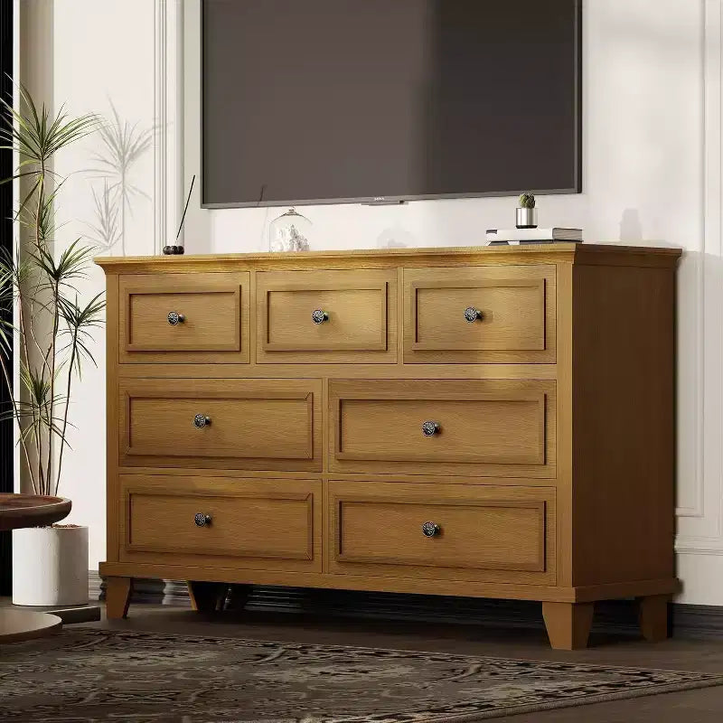 Cómoda de 7 cajones, Cajonera de madera moderna, Organizador de almacenamiento profundo con tiradores vintage, Mueble de TV para dormitorio y sala de estar