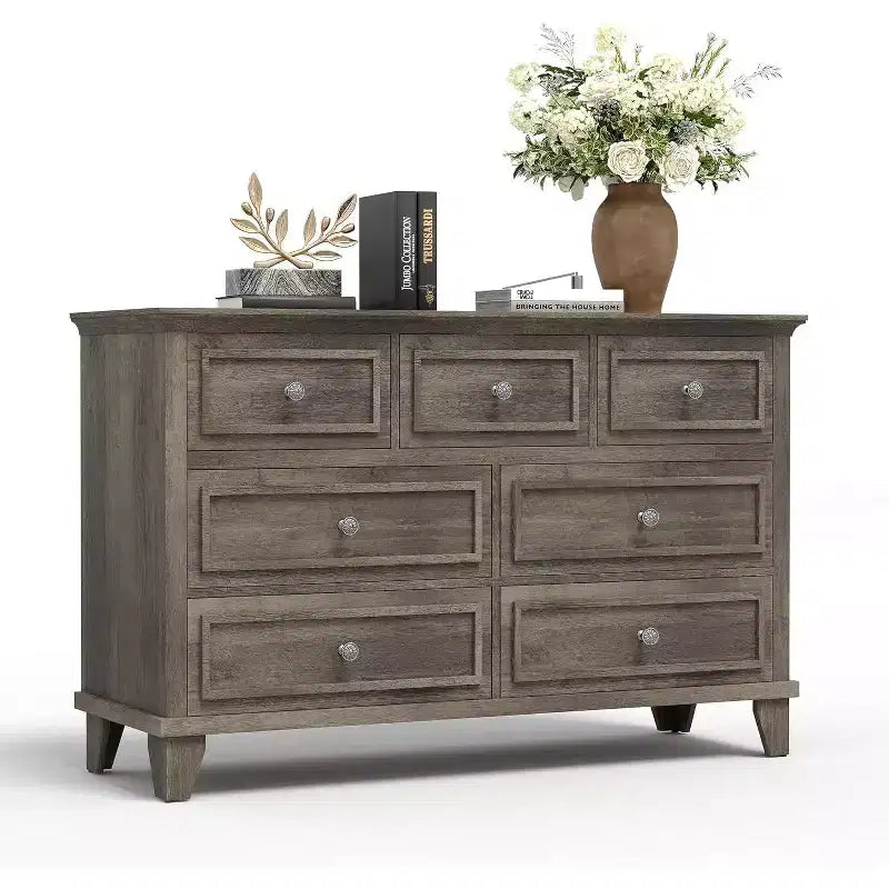 Cómoda de 7 cajones, Cajonera de madera moderna, Organizador de almacenamiento profundo con tiradores vintage, Mueble de TV para dormitorio y sala de estar