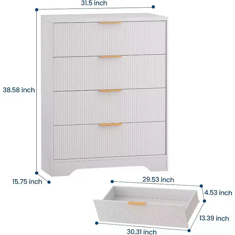 Cómoda de 4 cajones con estrías, cómoda moderna con paneles ondulados, organizador de almacenamiento alto para dormitorio, habitación infantil, sala de estar, recibidor