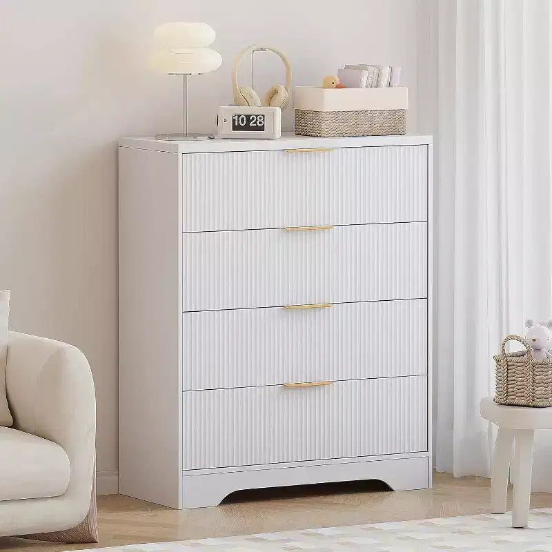 Cómoda de 4 cajones con estrías, cómoda moderna con paneles ondulados, organizador de almacenamiento alto para dormitorio, habitación infantil, sala de estar, recibidor