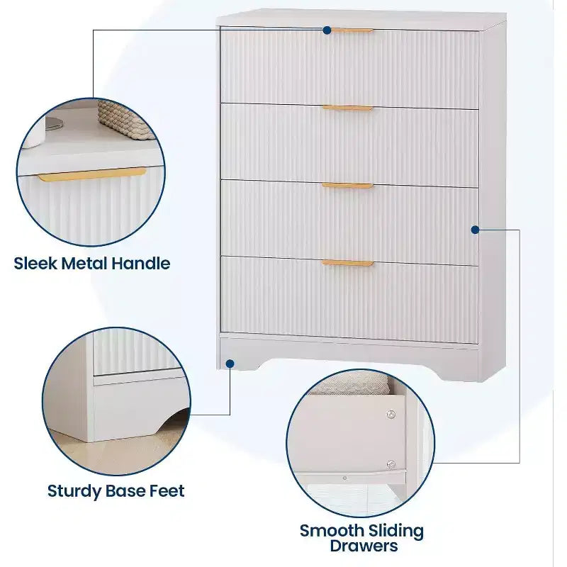 Cómoda de 4 cajones con estrías, cómoda moderna con paneles ondulados, organizador de almacenamiento alto para dormitorio, habitación infantil, sala de estar, recibidor