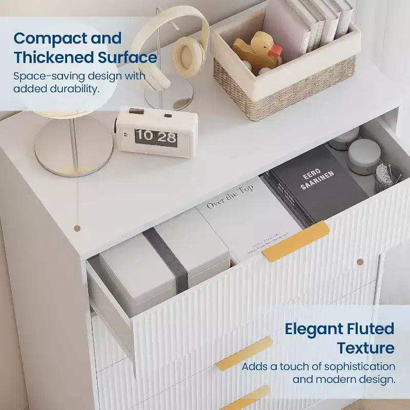 Cómoda de 4 cajones con estrías, cómoda moderna con paneles ondulados, organizador de almacenamiento alto para dormitorio, habitación infantil, sala de estar, recibidor