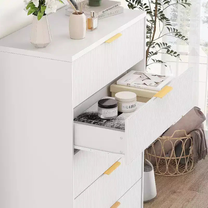 Cómoda de 4 cajones con estrías, cómoda moderna con paneles ondulados, organizador de almacenamiento alto para dormitorio, habitación infantil, sala de estar, recibidor