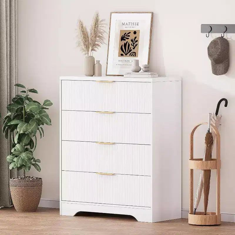 Cómoda de 4 cajones con estrías, cómoda moderna con paneles ondulados, organizador de almacenamiento alto para dormitorio, habitación infantil, sala de estar, recibidor