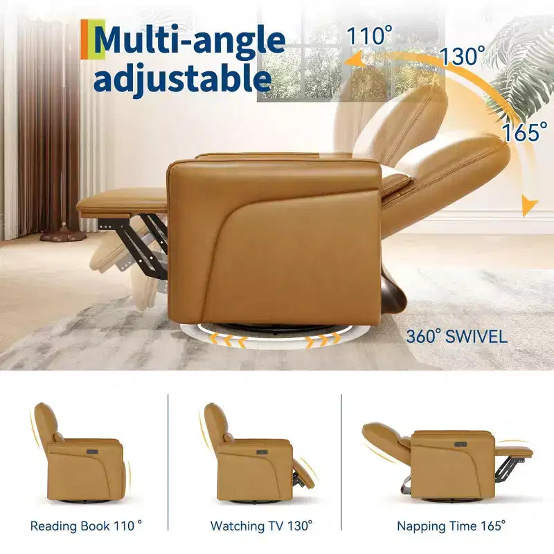 Sillón Reclinable Eléctrico con Giro 360° y Carga, Balancín Eléctrico con Soporte Lumbar para Sala o Cuarto de Bebé, Marrón