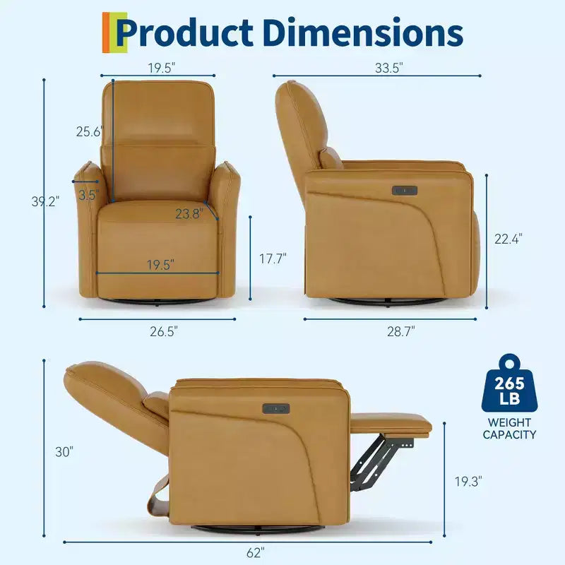 Sillón Reclinable Eléctrico con Giro 360° y Carga, Balancín Eléctrico con Soporte Lumbar para Sala o Cuarto de Bebé, Marrón