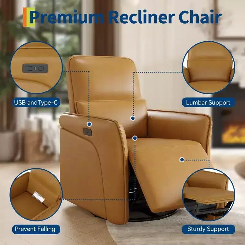Sillón Reclinable Eléctrico con Giro 360° y Carga, Balancín Eléctrico con Soporte Lumbar para Sala o Cuarto de Bebé, Marrón