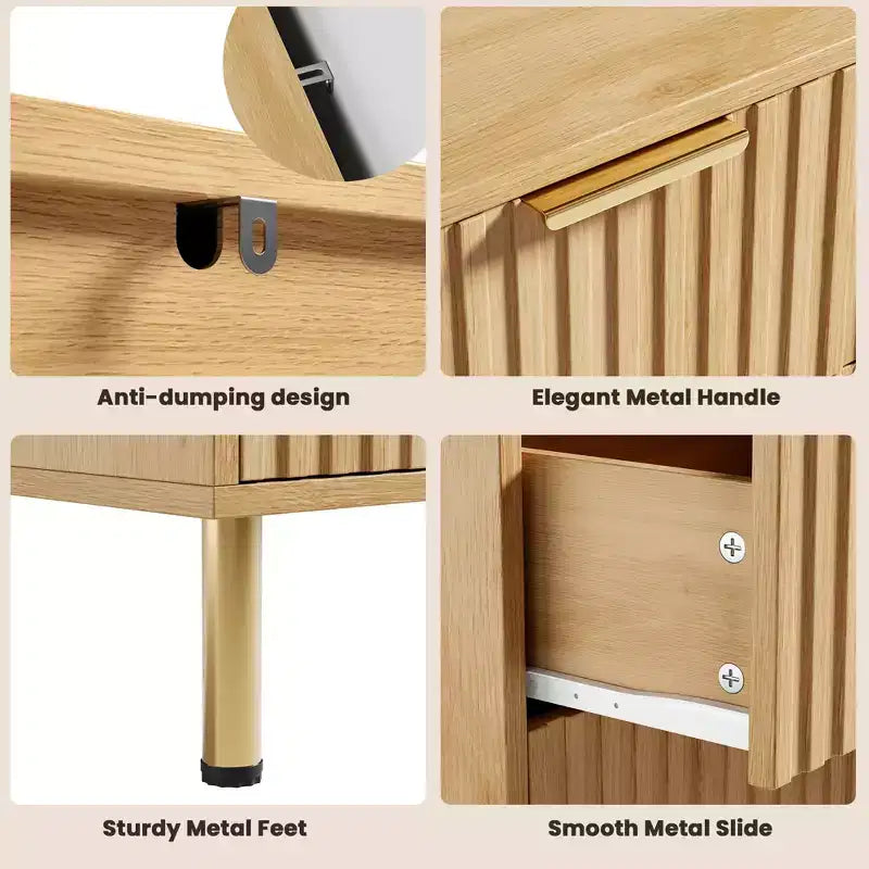 Cómoda de 6 cajones con frontal estriado y patas doradas, marrón, organizador de almacenamiento para TV o dormitorio