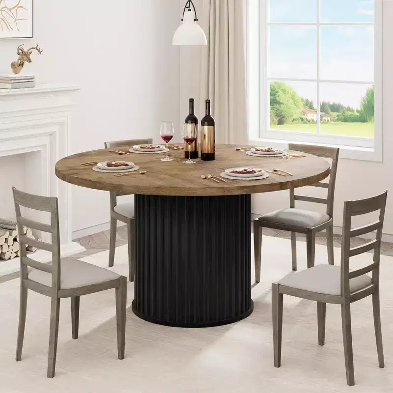 Mesa de comedor redonda de 47 pulgadas para 4-6 personas, mesa de comedor con base de pedestal de metal ondulado, mesa de cocina circular estilo casa de campo para comedor, cocina