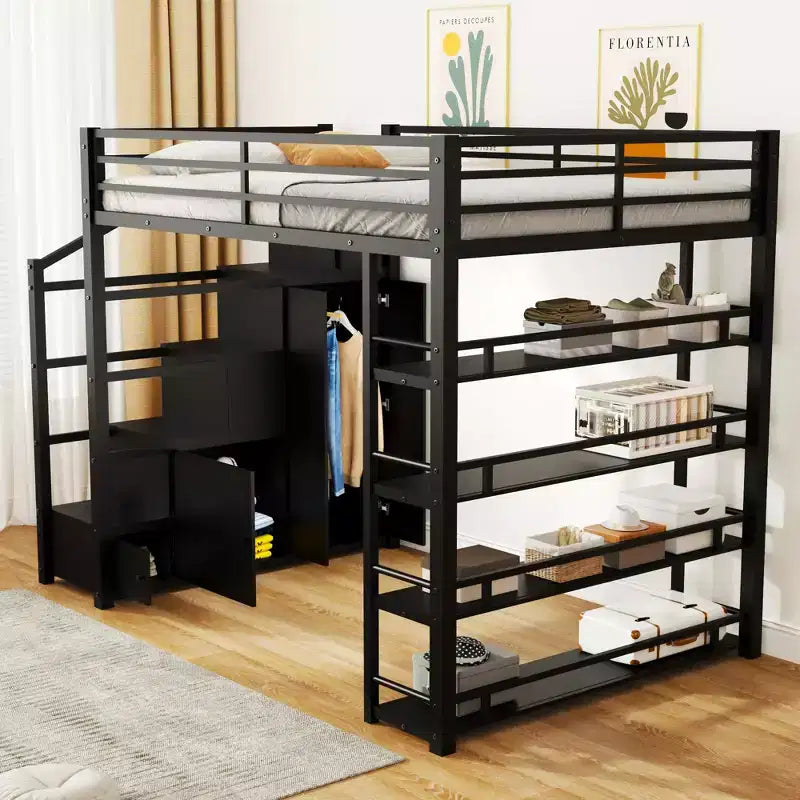 Cama alta de metal con estantes de 4 niveles, armario y escalera de almacenamiento, matrimonial/queen, 95.7" An. x 70.1" Al.