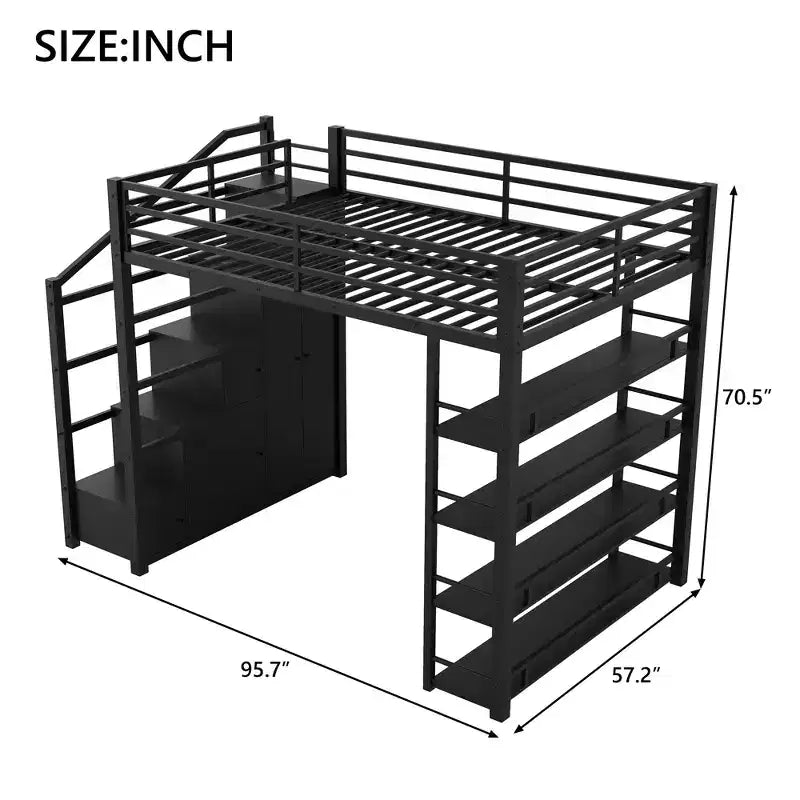 Cama alta de metal con estantes de 4 niveles, armario y escalera de almacenamiento, matrimonial/queen, 95.7" An. x 70.1" Al.