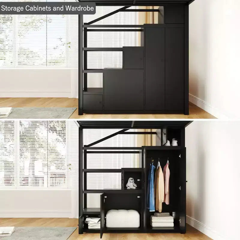 Cama alta de metal con estantes de 4 niveles, armario y escalera de almacenamiento, matrimonial/queen, 95.7" An. x 70.1" Al.