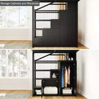Cama alta de metal con estantes de 4 niveles, armario y escalera de almacenamiento, matrimonial/queen, 95.7" An. x 70.1" Al.
