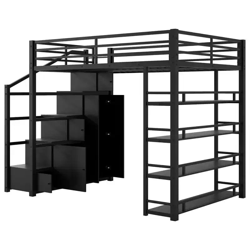 Cama alta de metal con estantes de 4 niveles, armario y escalera de almacenamiento, matrimonial/queen, 95.7" An. x 70.1" Al.