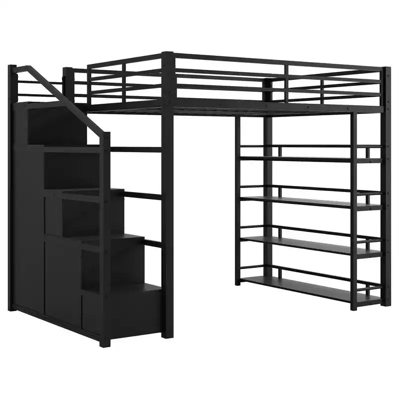 Cama alta de metal con estantes de 4 niveles, armario y escalera de almacenamiento, matrimonial/queen, 95.7" An. x 70.1" Al.