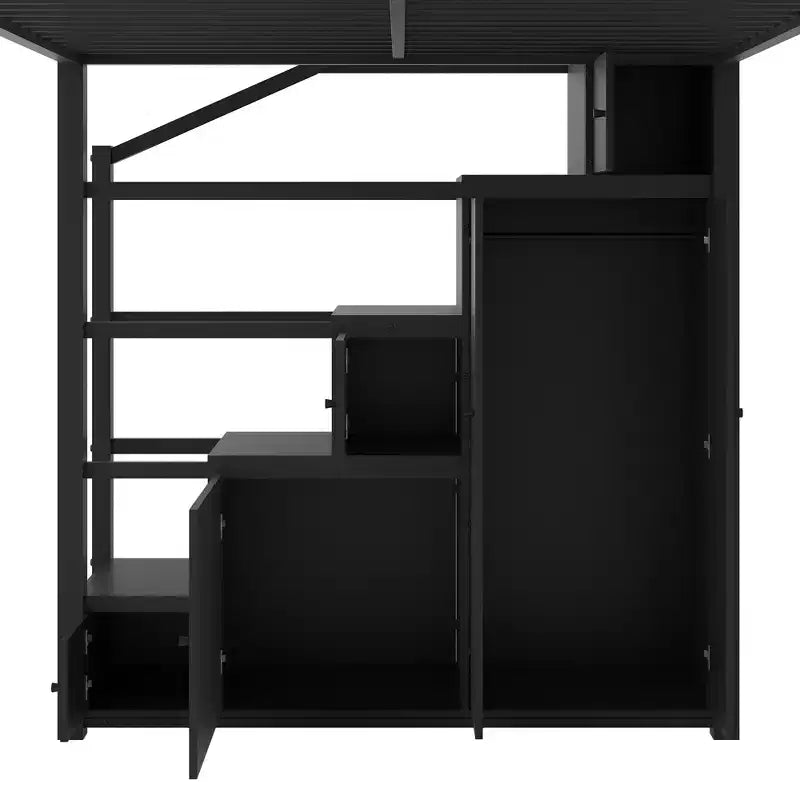 Cama alta de metal con estantes de 4 niveles, armario y escalera de almacenamiento, matrimonial/queen, 95.7" An. x 70.1" Al.