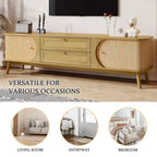 Mueble de TV de ratán natural de 66.93 pulgadas para televisores de hasta 75 pulgadas, consola multimedia con patas de madera maciza para sala de estar, cine en casa