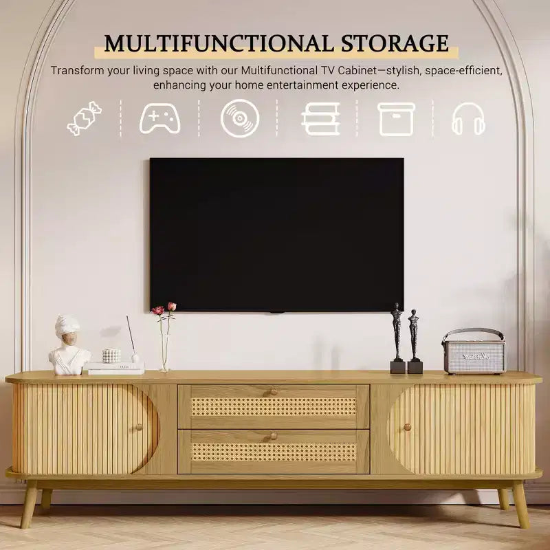 Mueble de TV de ratán natural de 66.93 pulgadas para televisores de hasta 75 pulgadas, consola multimedia con patas de madera maciza para sala de estar, cine en casa