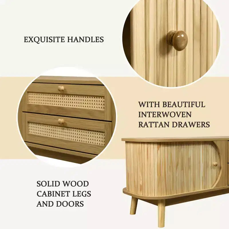Mueble de TV de ratán natural de 66.93 pulgadas para televisores de hasta 75 pulgadas, consola multimedia con patas de madera maciza para sala de estar, cine en casa
