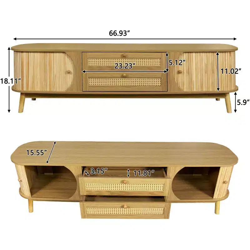 Mueble de TV de ratán natural de 66.93 pulgadas para televisores de hasta 75 pulgadas, consola multimedia con patas de madera maciza para sala de estar, cine en casa