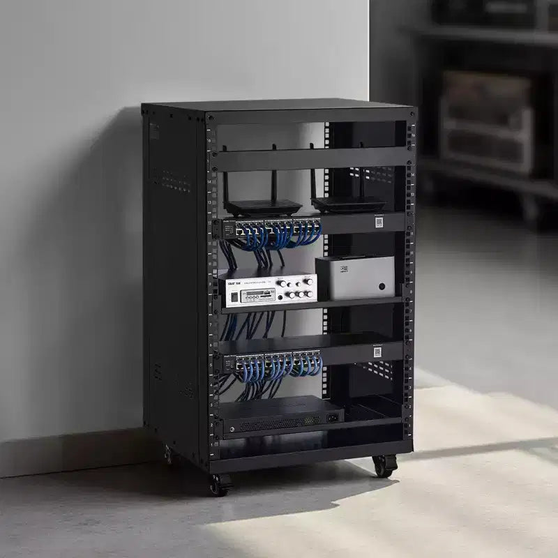 Bastidor AV de 16U, capacidad máxima de 200 lb, bastidor de estudio de grabación casero con ruedas bloqueables, gabinete de servidor de bastidor abierto, diseño de ventilación especial, negro