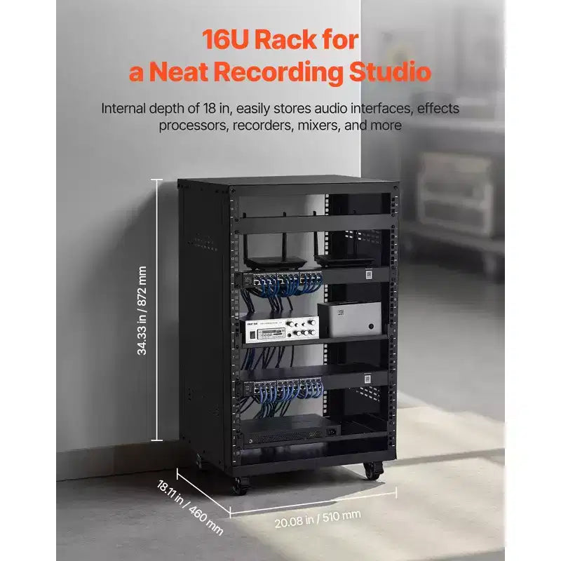 Bastidor AV de 16U, capacidad máxima de 200 lb, bastidor de estudio de grabación casero con ruedas bloqueables, gabinete de servidor de bastidor abierto, diseño de ventilación especial, negro