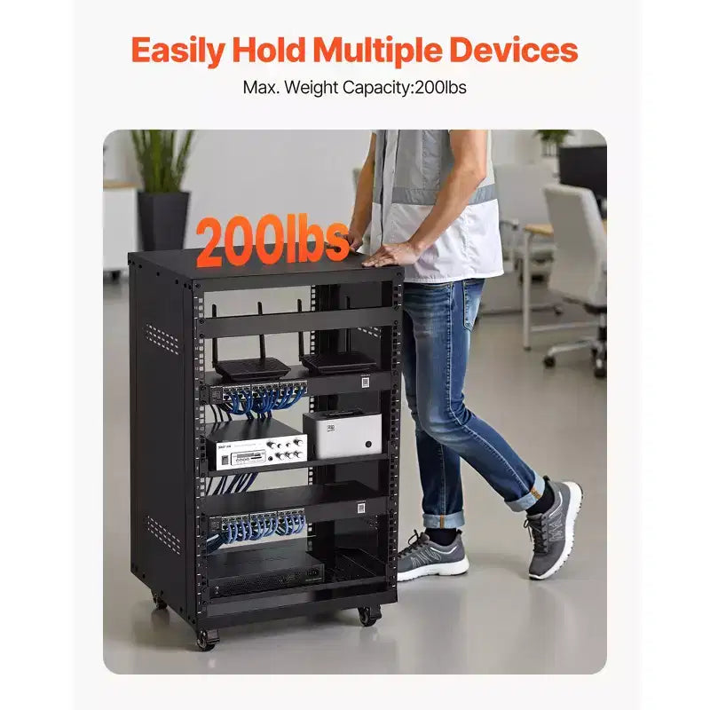 Bastidor AV de 16U, capacidad máxima de 200 lb, bastidor de estudio de grabación casero con ruedas bloqueables, gabinete de servidor de bastidor abierto, diseño de ventilación especial, negro